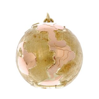 * A 9ct gold globe photograph pendant. Designed as a globe with textured sea and raised land, openin