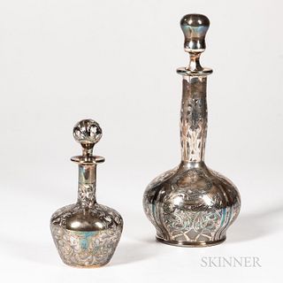 Two American Sterling Silver Overlay Glass Bottles with Stoppers