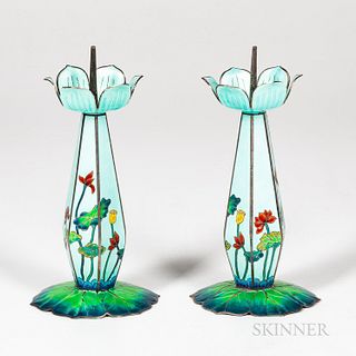 Pair of Enameled Silver Candlesticks