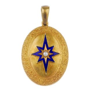 A late 19th century 18ct gold blue enamel and split pearl locket. Of oval-shape outline, the blue en