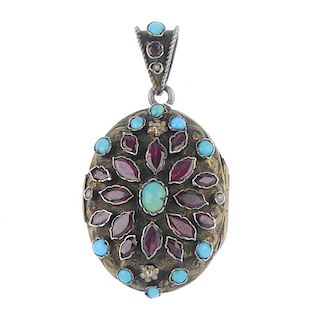 A gem-set locket. Of oval outline, collet-set with oval and circular turquoise cabochons and pear-sh