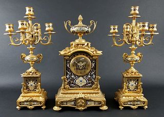 Late 19th C. 3 Pc. French Gilt Bronze and Enamel Louis