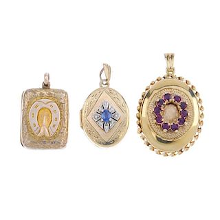 A selection of three lockets. To include a 9ct gold oval-shape garnet locket with rope-twist border,