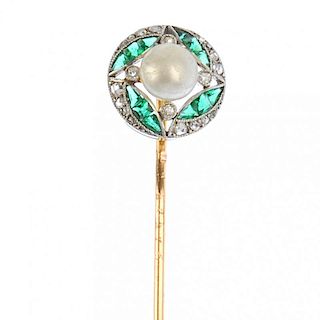 A mid 20th century imitation pearl, diamond and gem-set stickpin. The imitation pearl, measuring 6mm