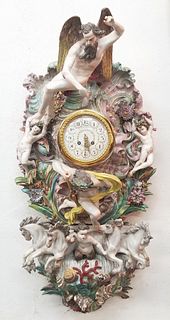 German Polychrome Decorated Porcelain Wall Clock, Circa