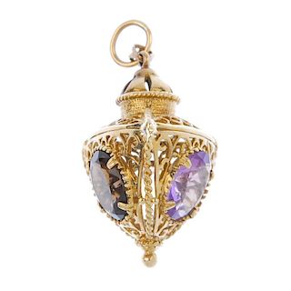 A 9ct gold gem-set fob. Designed as a lantern, set with oval-shape amethyst, smokey quartz and citri