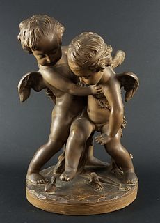 French Terracotta Figural Group "Deux Amours", Circa