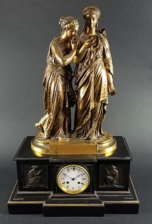 19th C. French Bronze Figural Clock Signed Societe des