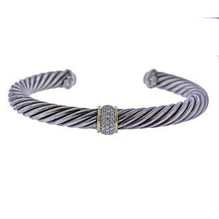 David Yurman Silver 18k Gold Diamond Cable Cuff Bracelet