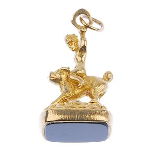 <p>A 9ct gold gem-set fob. Designed as a rectangular-shape onyx fob with the grip designed as a boy