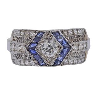 Art Deco Filigree 18K Gold Diamond Sapphire Ring