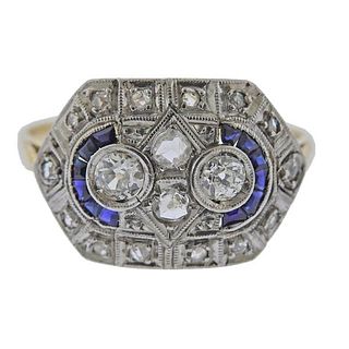Art Deco 18K Gold Platinum Diamond Sapphire Ring