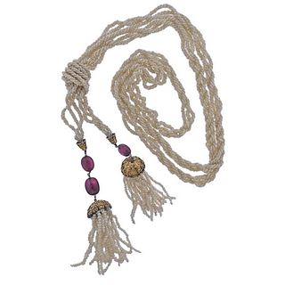 Antique Gold Amethyst Seed Pearl Sautoir Necklace