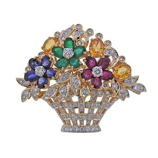 18k Gold Diamond Ruby Sapphire Emerald Basket Brooch Pendant