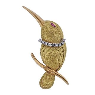 18k Gold Diamond Ruby Hummingbird Brooch Pin 