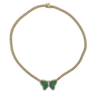 18k Gold Carved Jade Diamond Butterfly Pendant Necklace