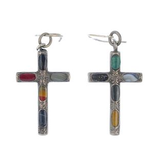 A pair of Scottish ear pendants. In the form of crosses, and inlaid to the front with vari-coloured