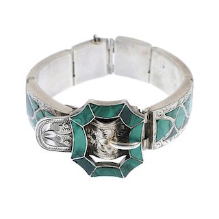 A late 19th century silver malachite bracelet. The buckle detail with malachite inlay, engraved edgi