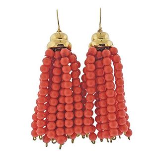 18k Gold Coral Bead Tassel Earrings 
