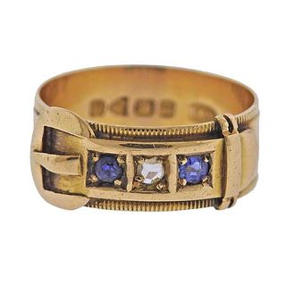 Antique English 18k Gold Sapphire Diamond Buckle Ring
