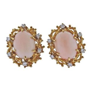 1960s 18k Gold Diamond Coral Earrings