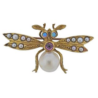 Antique 14k  Gold Pearl Tourmaline Opal Insect Brooch