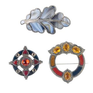 Three Scottish agate brooches. The first designed as an oak leaf set with white to grey banded agate