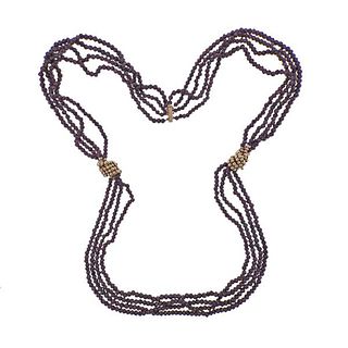 14K Gold Garnet Bead Multi Strand Necklace