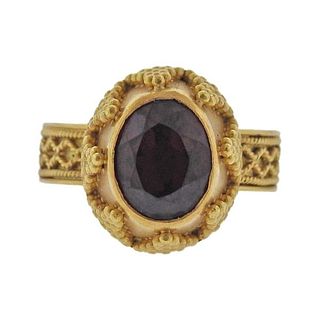 22K Gold Granulated Bead Garnet Ring