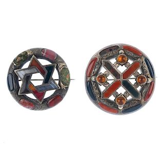 Two late 19th century Scottish agate brooches. Both of circular outline with inlaid agate sections,
