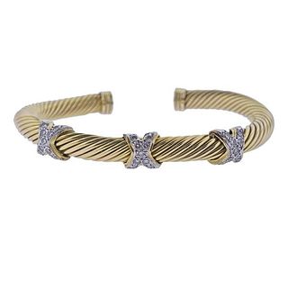 14K Gold Diamond X Cuff Cable Bracelet