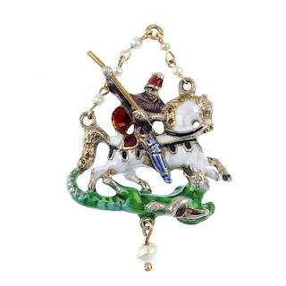 An Austro-Hungarian enamel pendant. The seed pearl chain suspending St George, enamelled in purple,