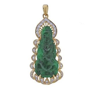 18K Gold Diamond Carved Jade Pendant