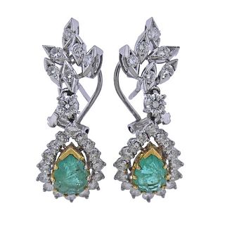 18k Gold Diamond Emerald Drop Earrings