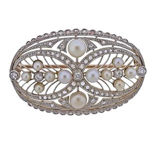 Art Deco Platinum Gold Diamond Pearl Brooch