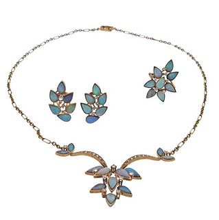 18K Gold Diamond Opal Earrings Necklace Ring Set