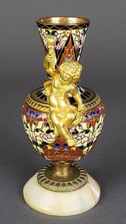 French Champleve Enamel & Bronze Figural Vase