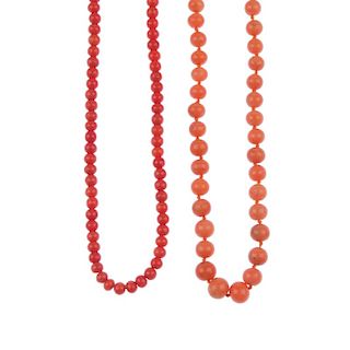 Two coral necklaces. The first designed as graduated spherical coral beads measuring 4 to 7mm, the s
