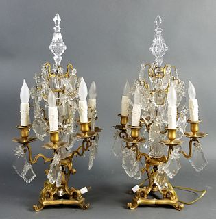 Pair of 19th C. Bronze and Crystal Candelabra Lamps