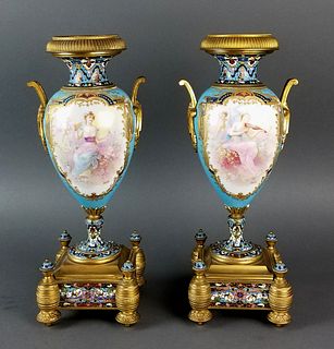 Pair of 19th C. Large Sevres and Champleve Enamel Vases