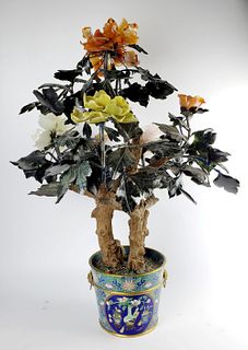 Large Chinese Jade Flowers in Cloisonne Pot