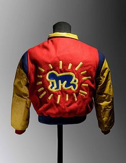 A Keith Haring Leather and Wool Boy's Bomber JacketRetailed by Pop Shop, New York, Circa Early 1990s