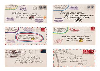 HC Westermann
(American, 1922-1981)
Untitled (To Rolf Nelson), 1963-68 (a group of six embellished envelopes)