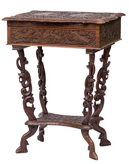 Sewing table; Indo-Portuguese work of Goa; last third of the nineteenth century.
Carved sandalwood.