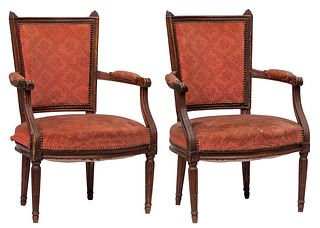 Pair of Louis XVI style armchairs; France, late eighteenth century.
Carved wood.