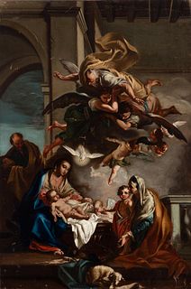 School of FRANCESCO SOLIMENA; Naples, early seventeenth century.
"Holy family with Elizabeth and St. John".
Oil on canvas.