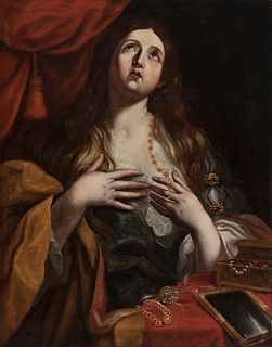 Spanish or Italian school; 17th century.
"Magdalena divesting herself of her riches".
Oil on canvas. Re-drawn.