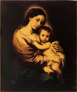 Workshop of BARTOLOME ESTEBAN MURILLO (Seville, 1617 - 1682)."Virgin with Child".Oil on canvas. Re-enteled.