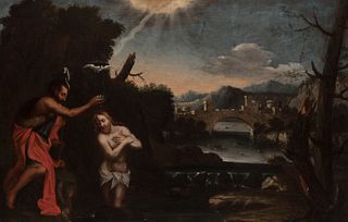 Italian school; second half of the 17th century.
"The baptism of Christ".
Oil on canvas. Re-retouched.