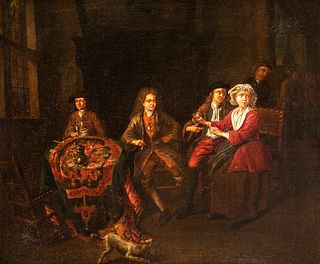 Dutch school of the first half of the 18th century. "Game of cards". Oil on canvas. Re-colored.